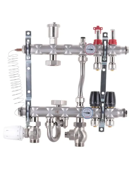 Колектор для теплої підлоги Koer KR.S1012-2 SUS304 2 виходи, з вбудованим змішувальним вузлом та євроконусами