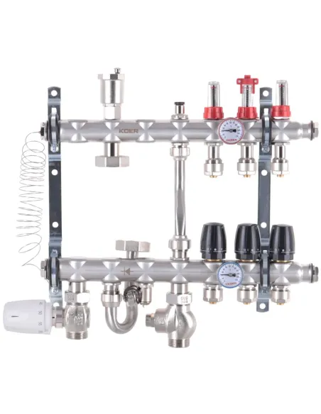 Коллектор для теплого пола Koer KR.S1012-3 SUS304 3 выхода, со встроенным смесительным узлом и евроконусами