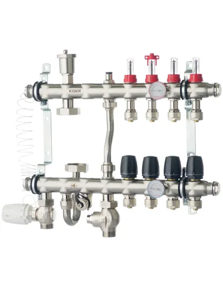Коллектор для теплого пола Koer KR.S1012-4 SUS304 4 выхода, со встроенным смесительным узлом и евроконусами
