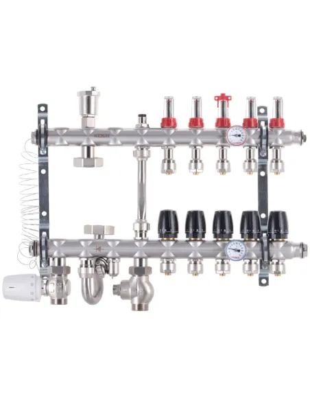Коллектор для теплого пола Koer KR.S1012-5 SUS304 5 выходов, со встроенным смесительным узлом и евроконусами