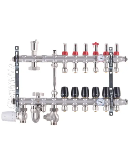 Коллектор для теплого пола Koer KR.S1012-6 SUS304 6 выходов, со встроенным смесительным узлом и евроконусами