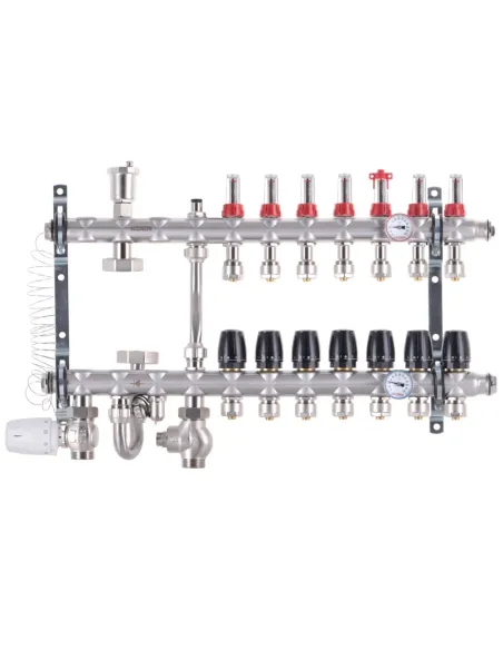 Колектор для теплої підлоги Koer KR.S1012-7 SUS304 7 виходів, із вбудованим змішувальним вузлом та євроконусами