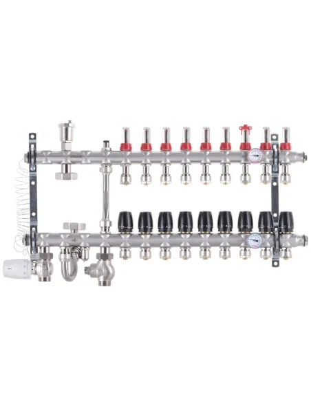 Колектор для теплої підлоги Koer KR.S1012-9 SUS304 9 виходів, із вбудованим змішувальним вузлом та євроконусами