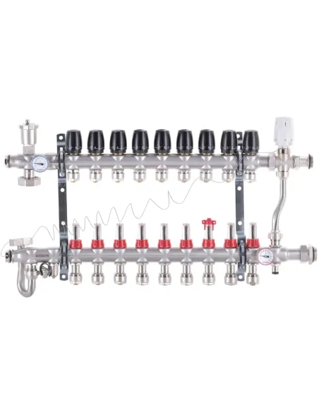 Колектор для теплої підлоги Koer KR.S1013-9 SUS304 9 виходів, із вбудованим змішувальним вузлом та євроконусами