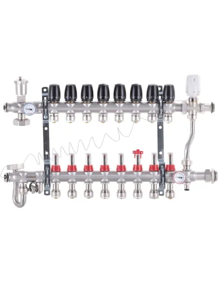 Коллектор для теплого пола Koer KR.S1013-8 SUS304 8 выходов, со встроенным смесительным узлом и евроконусами
