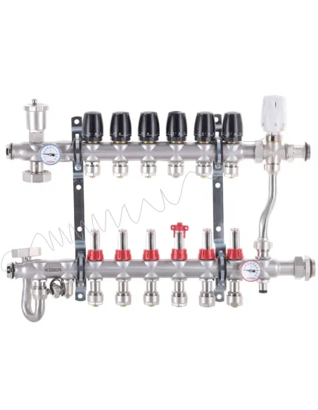 Коллектор для теплого пола Koer KR.S1013-6 SUS304 6 выходов, со встроенным смесительным узлом и евроконусами