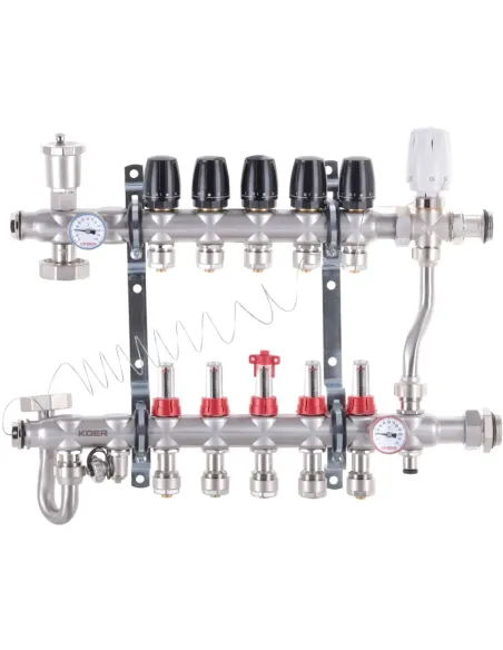 Колектор для теплої підлоги Koer KR.S1013-5 SUS304 5 виходів, із вбудованим змішувальним вузлом та євроконусами