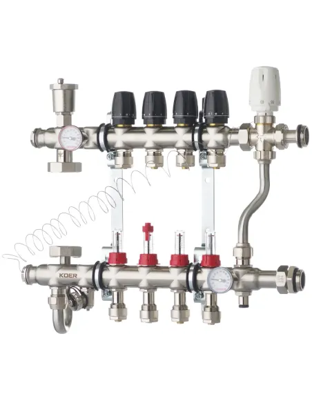 Коллектор для теплого пола Koer KR.S1013-4 SUS304 4 выхода, со встроенным смесительным узлом и евроконусами Коллектор для теплого пола Koer KR.S1013-4 SUS304 4 выхода, со встроенным смесительным узлом и евроконусами