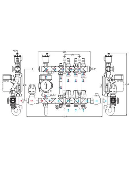 Колектор для теплої підлоги Koer KR.S1013-4 SUS304 4 виходи, з вбудованим змішувальним вузлом та євроконусами