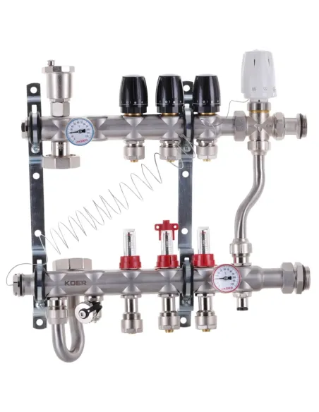 Коллектор для теплого пола Koer KR.S1013-3 SUS304 3 выхода, со встроенным смесительным узлом и евроконусами