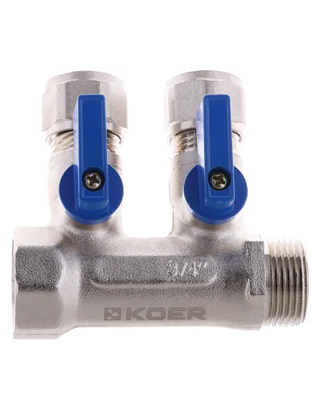 Колектор для теплої підлоги Koer KR.1125-2 Ways 2 виходу, з кульовими кранами та фітингом
