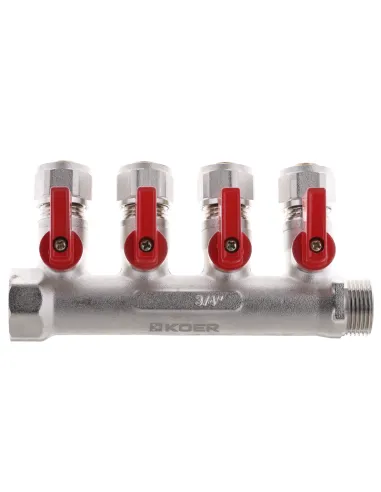 Колектор для теплої підлоги Koer KR.1125-4 Ways 4 виходи, з кульовими кранами та фітингом