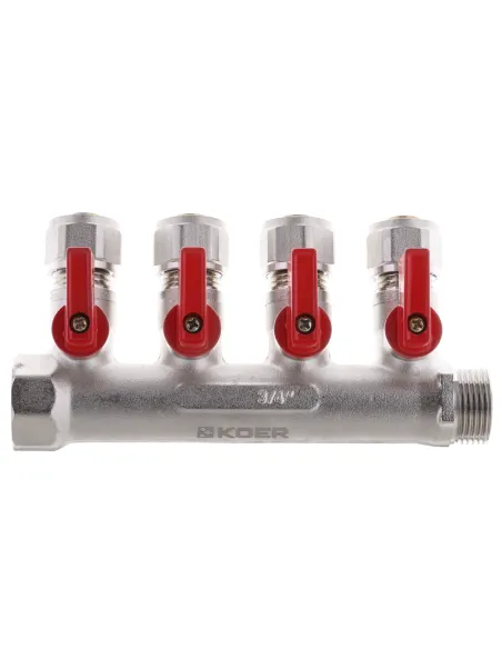Коллектор для теплого пола Koer KR.1125-4 Ways 4 выхода, с шаровыми кранами и фитингом