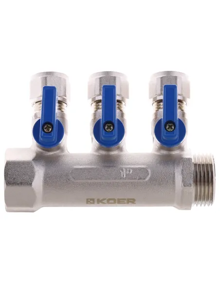 Колектор для теплої підлоги Koer KR.1126-3 Ways 3 виходу, з кульовими кранами та фітингом Колектор для теплої підлоги Koer KR.1126-3 Ways 3 виходу, з кульовими кранами та фітингом