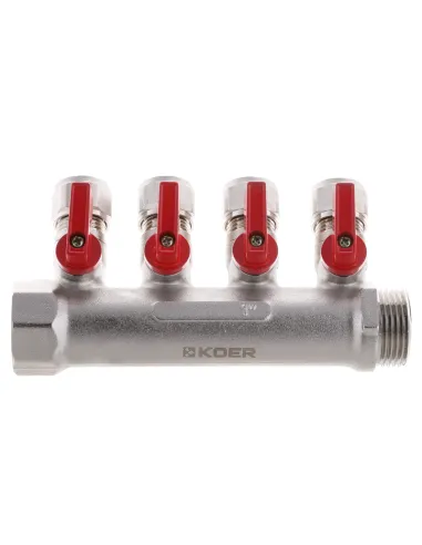 Коллектор для теплого пола Koer KR.1126-4 Ways 4 выхода, с шаровыми кранами и фитингом