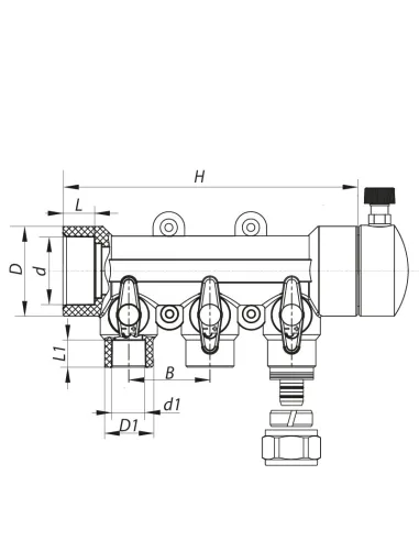 Коллектор для ППР труб Koer K0191.PRO 3 выхода, с шаровыми кранами и фитингом