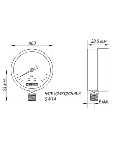 Манометр Koer KM.610R 63 мм, 10 Бар, с нижним подключением