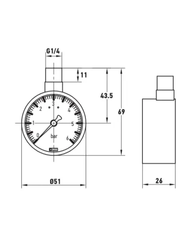 Манометр Koer KM.630R 50 мм, 6 Бар, с верхним подключением