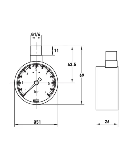 Манометр Koer KM.630R 50 мм, 6 Бар, с верхним подключением Манометр Koer KM.630R 50 мм, 6 Бар, с верхним подключением