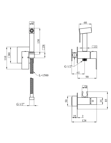 Смеситель для биде Kroner KRP Edelstahl Kubus - ESG053 с гигиеническим душем