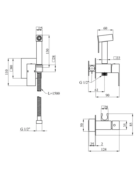 Змішувач для біде Kroner KRP Edelstahl Kubus - ESG053 з гігієнічним душем