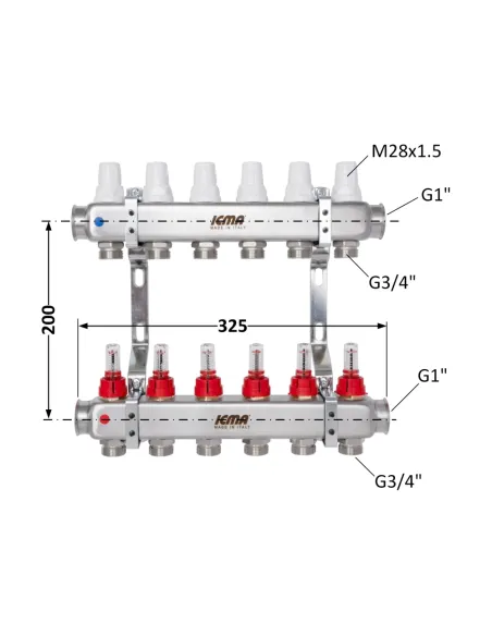 Колектор для теплої підлоги Icma № К073 6 виходів, з витратомірами