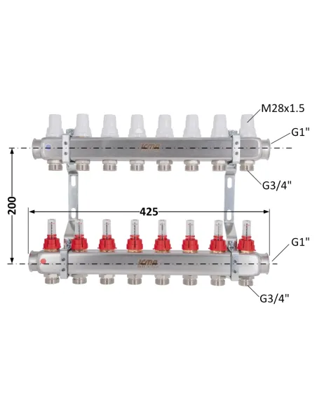 Коллектор для теплого пола Icma № К073 8 выходов, с расходомерами