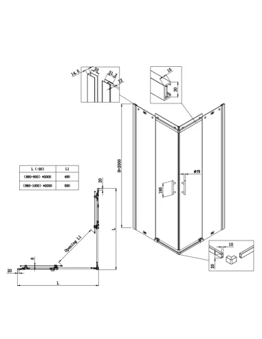Душова кабіна без піддону Koer SR SC03-100x100x200-TR-01, квадратна