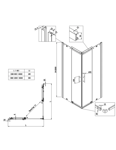 Душевая кабина без поддона Koer SR SC03-90x90x200-TR-07, квадратная