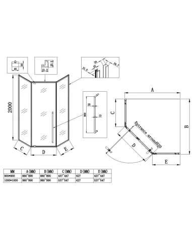 Душова кабіна без піддону Koer SR SC06-90x90x200-TR-01, п`ятикутна