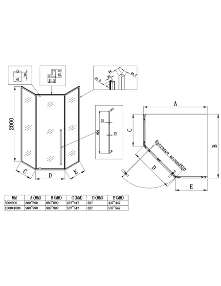 Душова кабіна без піддону Koer SR SC06-90x90x200-TR-01, п`ятикутна Душова кабіна без піддону Koer SR SC06-90x90x200-TR-01, п`ятикутна