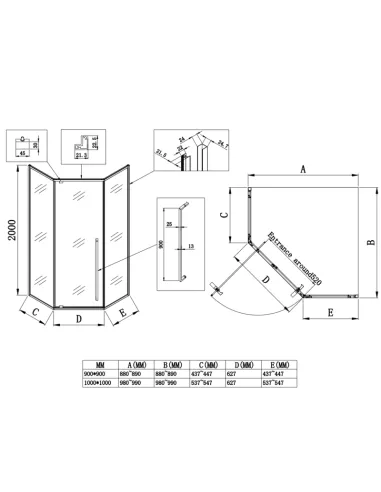 Душевая кабина без поддона Koer SR SC06-90x90x200-TR-07, пятиугольная