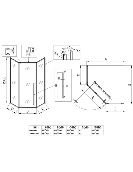 Душевая кабина без поддона Koer SR SC06-90x90x200-TR-07, пятиугольная