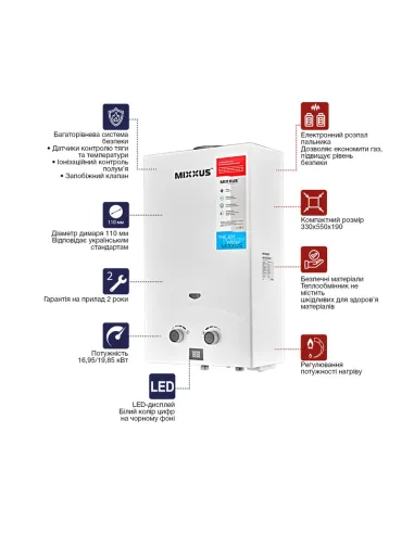 Газовая колонка Mixxus GWH-0110 Basic White дымоходная