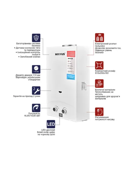 Газовая колонка Mixxus GWH-0112 Basic White дымоходная