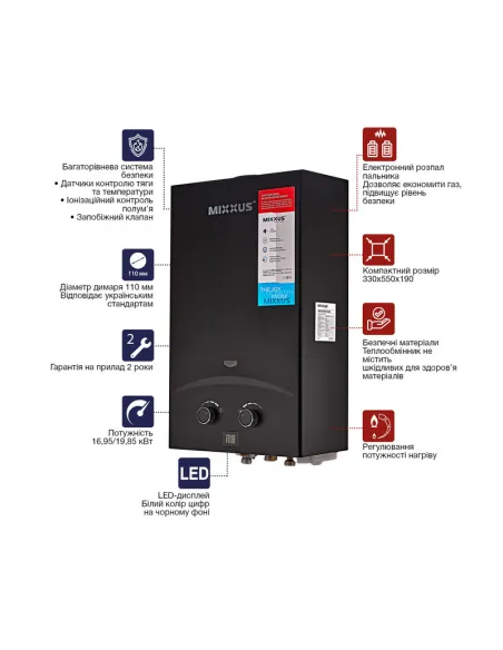 Газовая колонка Mixxus GWH-0210 Basic Black дымоходная