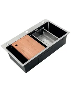 Мойка для кухни прямоугольная Zerix ZH6845-SET-05/0.8 Nano-Black 680x450x220 мм из нержавеющей стали, с корзиной и разделочной д