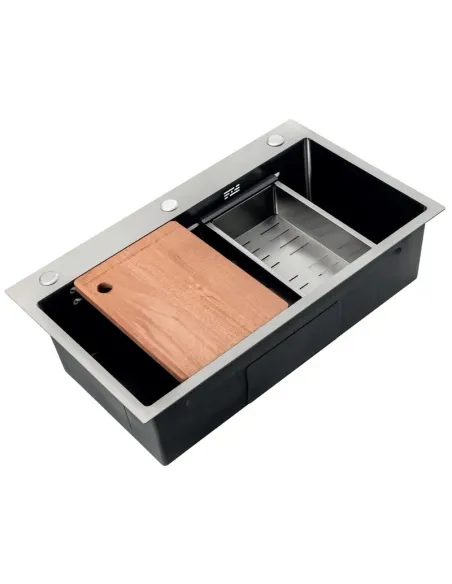 Мойка для кухни прямоугольная Zerix ZH7545-SET-05/0.8 Decor Nano-Black 750x450x220 мм из нержавеющей стали, с корзиной и раздело
