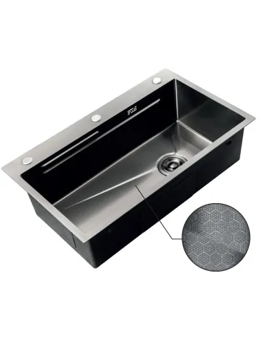 Мойка для кухни прямоугольная Zerix ZH7545-SET-05/0.8 Decor Nano-Black 750x450x220 мм из нержавеющей стали, с корзиной и раздело