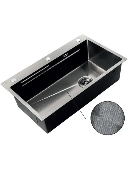 Мойка для кухни прямоугольная Zerix ZH7545-SET-05/0.8 Decor Nano-Black 750x450x220 мм из нержавеющей стали, с корзиной и раздело