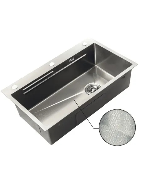Мойка для кухни прямоугольная Zerix ZH7545-SET-05/0.8 Decor Nano-Silver 750x450x220 мм из нержавеющей стали, с корзиной и раздел