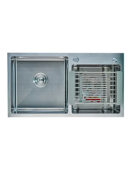 Мойка для кухни прямоугольная Zerix ZH7843DS-215/1.0 Satin 780x430x215 мм из нержавеющей стали, с двумя чашами, корзиной и диспе