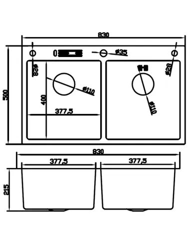Мойка для кухни прямоугольная Mixxus MH8350-DK /0.8 Nano-Silver 830x500x215 мм из нержавеющей стали, с двумя чашами