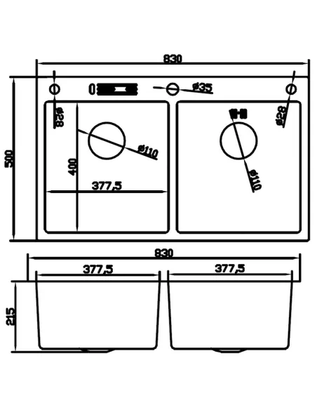 Мойка для кухни прямоугольная Mixxus MH8350-DK /0.8 Nano-Silver 830x500x215 мм из нержавеющей стали, с двумя чашами