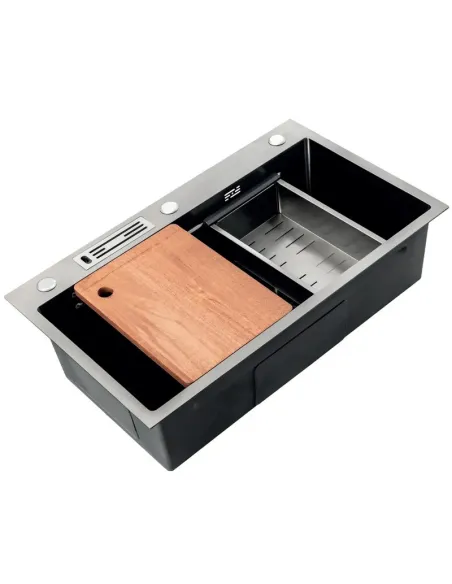 Мойка для кухни прямоугольная Mixxus Premium MH7545-SET-05 Micro Decor Nano-Black 750x450x220 мм из нержавеющей стали, с корзино