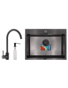 Мойка для кухни прямоугольная Mixxus SET-6045-200x1.0-PVD 600x450x200 мм из нержавеющей стали, смеситель и диспенсер в комплекте