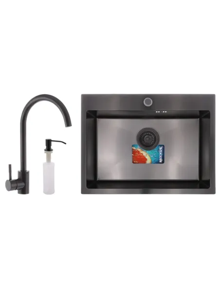 Мийка для кухні прямокутна Mixxus SET-6045-200x1.0-PVD 600x450x200 мм з нержавіючої сталі, змішувач та диспенсер у комплекті