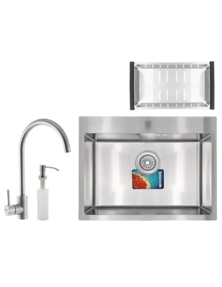 Мойка для кухни прямоугольная Mixxus SET-6045-200x1.0-Satin 600x450x200 мм из нержавеющей стали, смеситель, корзина и диспенсер 