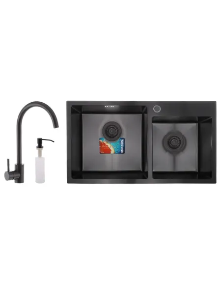 Мойка для кухни прямоугольная Mixxus SET-7843D-220x1.0-PVD 780x430x220 мм из нержавеющей стали, с двумя чашами, смеситель и дисп