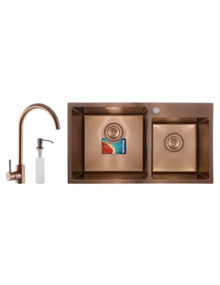 Мойка для кухни прямоугольная Mixxus SET-7843D-220x1.0-PVD Броза 780x430x220 мм из нержавеющей стали, с двумя чашами, смеситель 